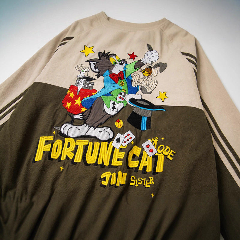 Style Trendy Cartoon Embroidered Patchwork Jacket, Unisex College Style Loose BF Couple Outwear