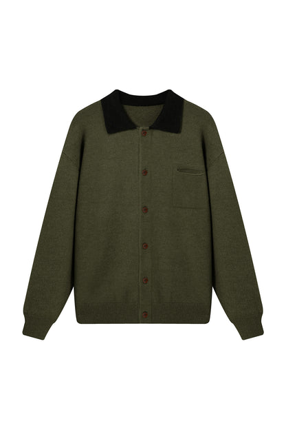 Soft Knit Cardigan with Color-blocked Stand-up Collar Cozy Oversized Sweater