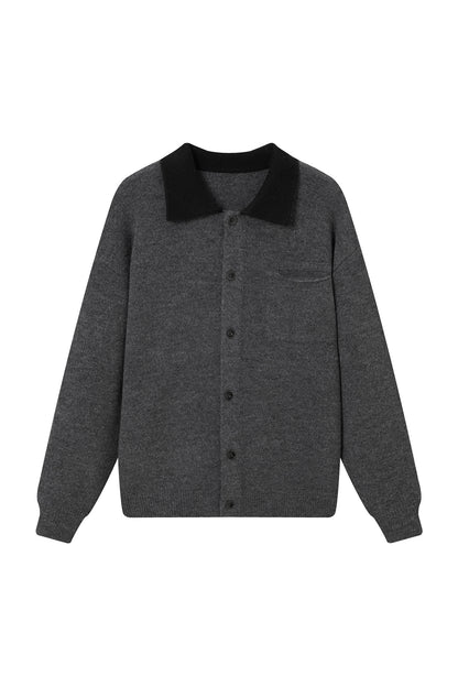 Soft Knit Cardigan with Color-blocked Stand-up Collar Cozy Oversized Sweater