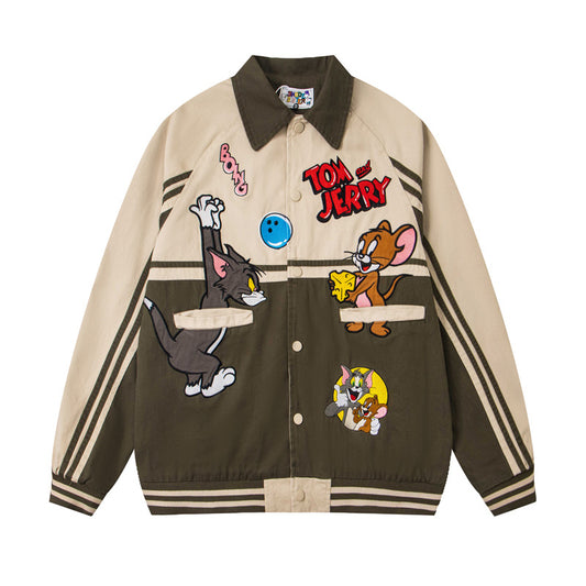 Style Trendy Cartoon Embroidered Patchwork Jacket, Unisex College Style Loose BF Couple Outwear